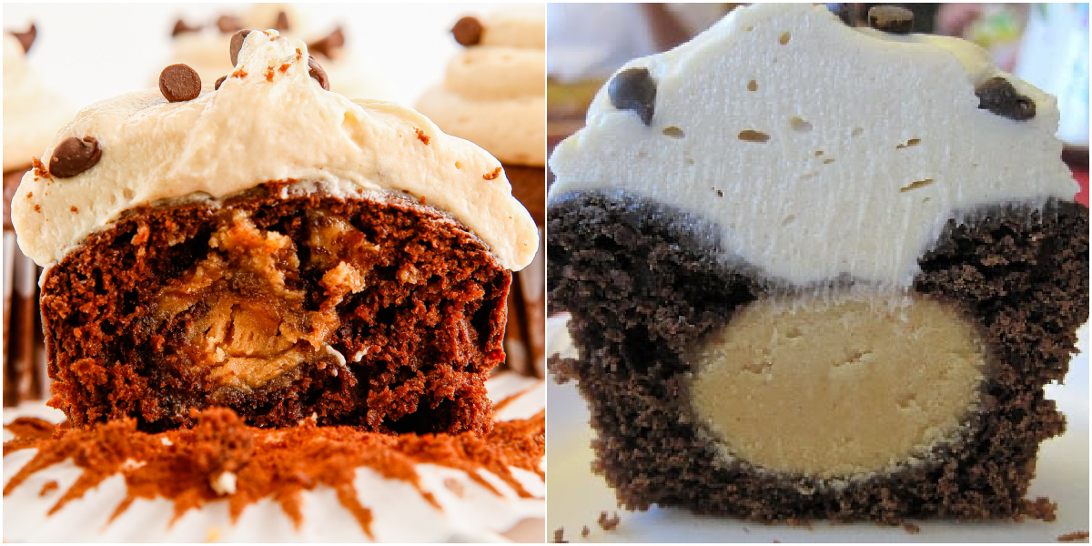 A picture collage of close up pictures of two Chocolate Peanut Butter Cupcakes made two ways. One where the peanut butter filling is chilled beforehand and one where it wasn't.