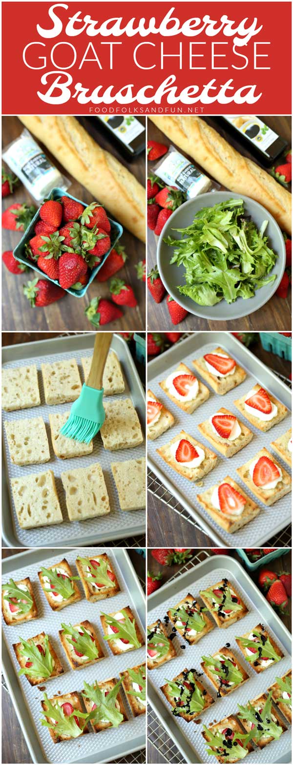 Picture collage of how to make this strawberry bruschetta. 