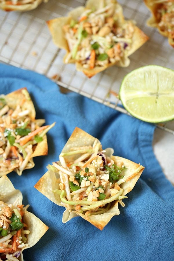 Asian Coleslaw with Thai Peanut Dressing in Wonton Cups