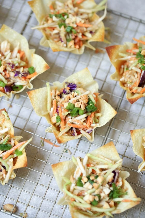 Asian Coleslaw with Thai flavors in crispy wonton cups.
