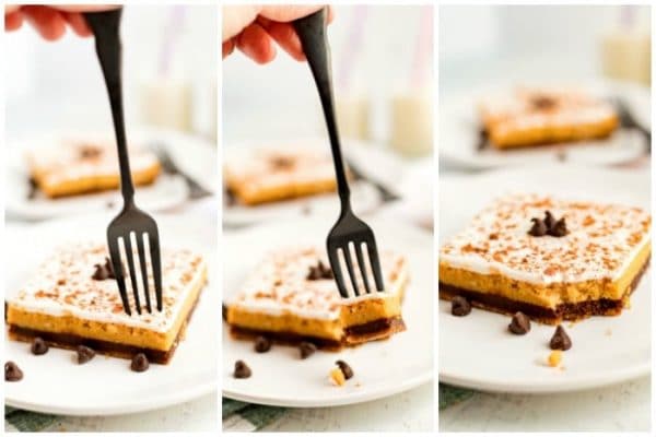 A picture collage of a fork dinning into a cheesecake bar.