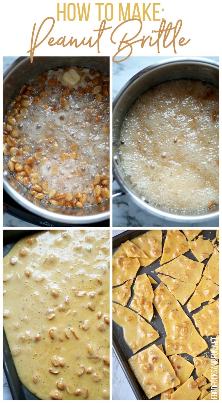 A picture collage of the steps taken to make this peanut brittle recipe.