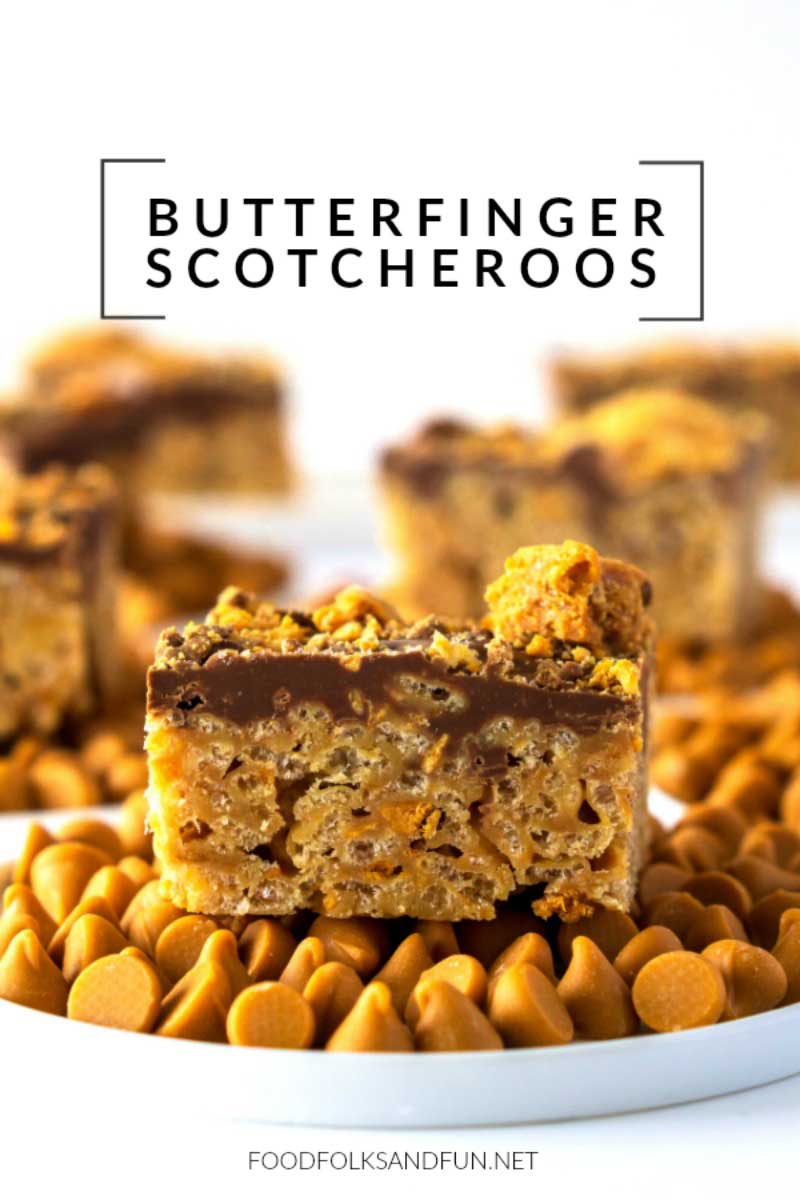 A piece of Butterfinger Scotcheroos on a plate with text overlay for Pinterest