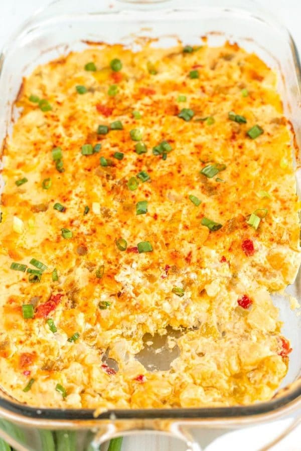 Digging into the cheesy potato casserole with green chiles. 