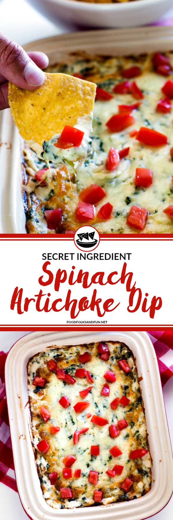 My Secret Ingredient Spinach Artichoke Dip recipe is always a hit at parties. It's easy to make, delicious, and doesn't include mayo!