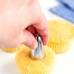 Cut out a whole in the top of the cupcake with a large piping tip.
