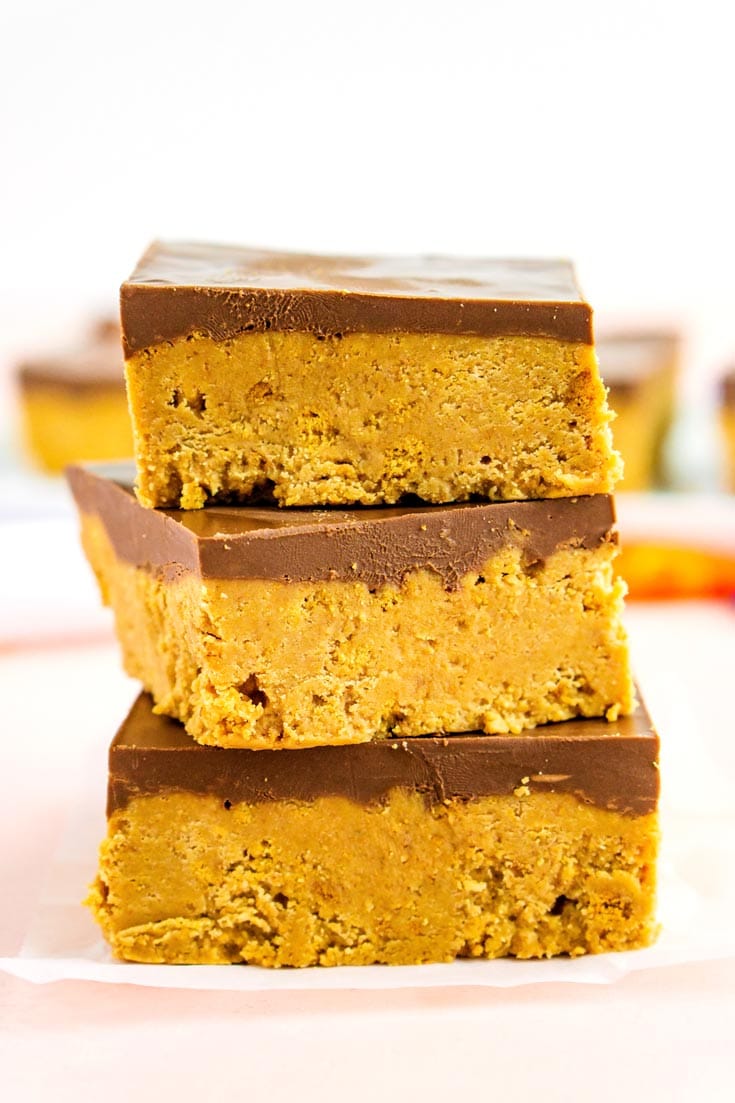 A stack of chocolate peanut butter bars stacked on each other.