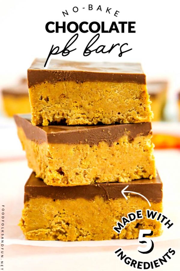 A picture collage of no-bake peanut butter bars with text overlay for social media. 