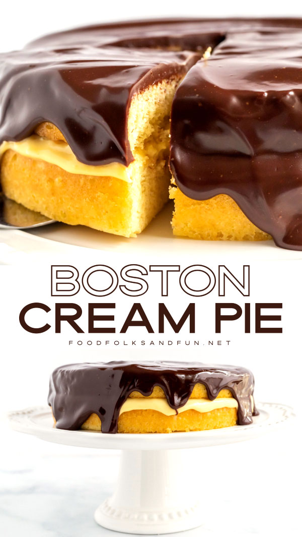 This Wicked good Boston Cream Pie recipe is a New England classic. It is made with fluffy yellow cake, creamy pastry cream, and topped with a rich chocolate ganache—what’s not to love?! via @foodfolksandfun