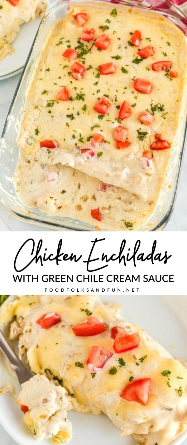 A picture collage of chicken enchiladas for Pinterest.