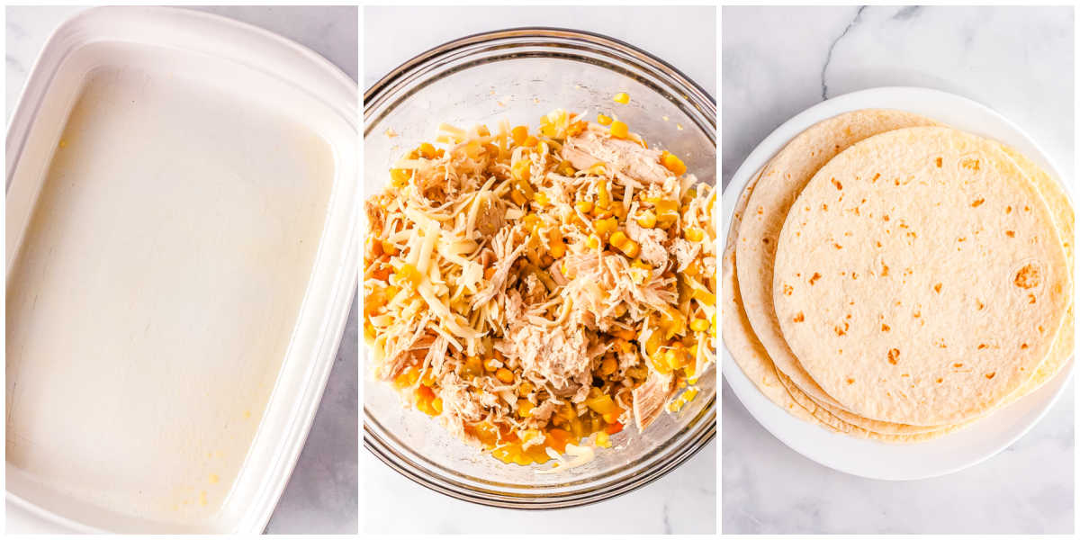 The caserole dish greased, the filling mixed together, and the warmed tortillas on a plate.
