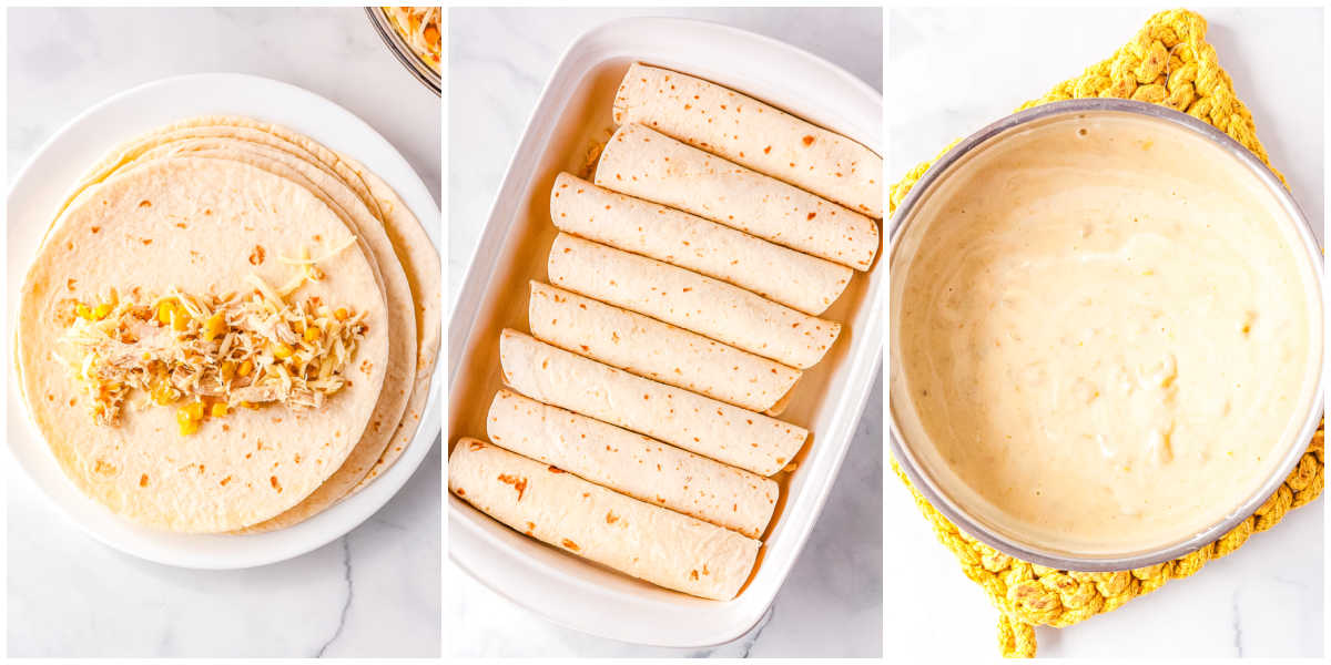 The filling added to the tortillas, rolled up, and placed seam-side-down in a casserole dish.