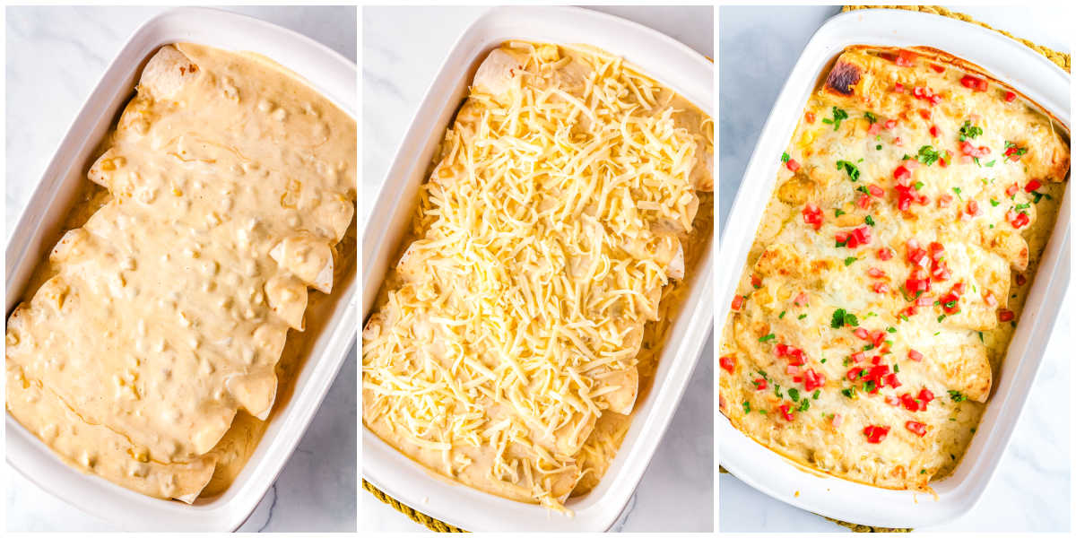 The sour cream enchilada sauce recipe poured over the enchiladas, baked for 10 minutes, and then topped with cheese.