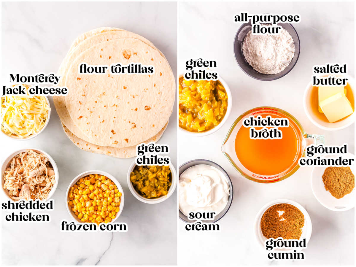The Sour Cream Chicken Enchiladas Recipe ingredients with text overlay labeling each.