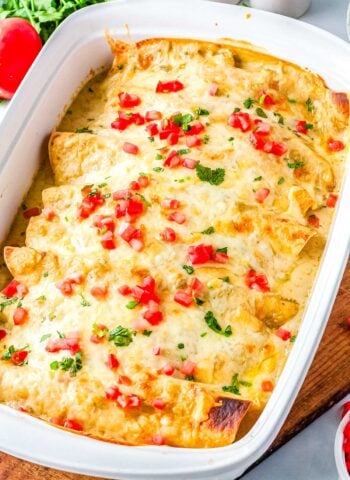 The finished Sour Cream Chicken Enchiladas Recipe in a casserole dish and garnished with chooped tomatoes and cilantro.
