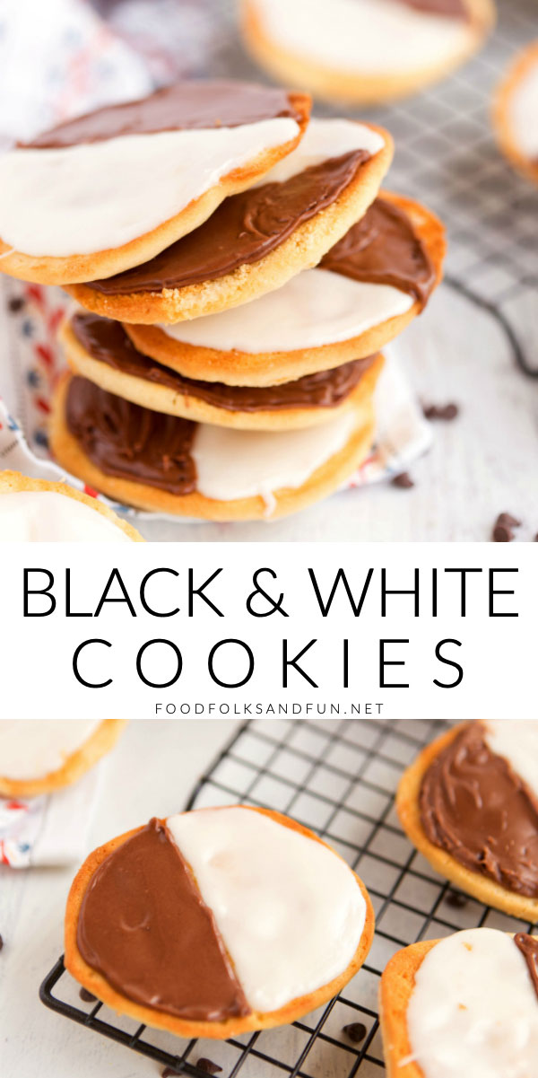 Black and White Cookies are an NYC bakery staple that is soft, cake-like, and covered with glossy vanilla and chocolate frosting. via @foodfolksandfun