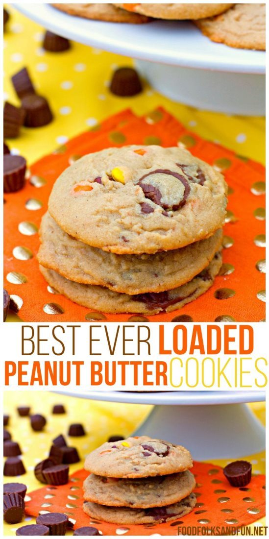 Best ever Loaded Peanut Butter Cookies in a stack with text overlay for Pinterest