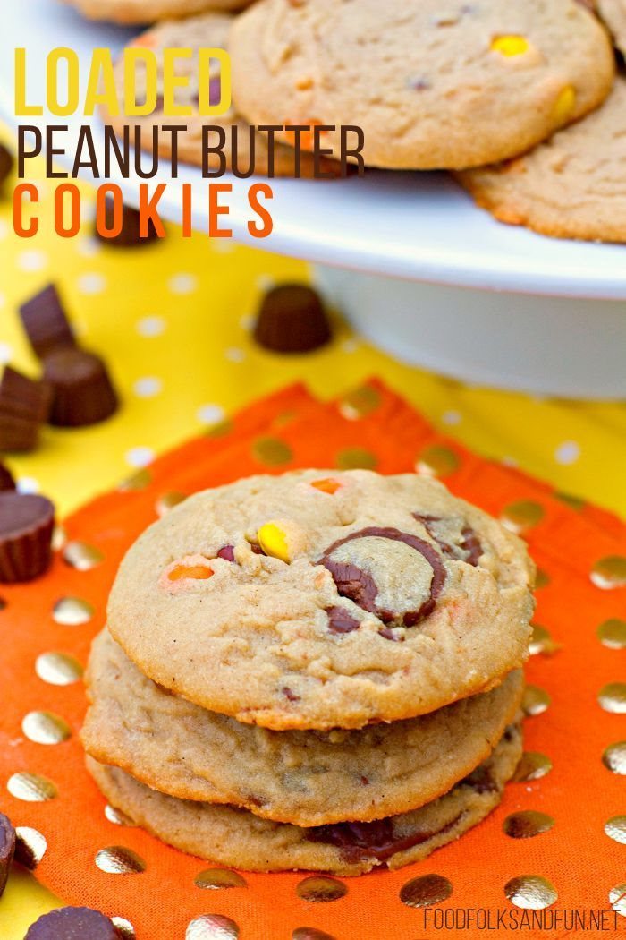 A stack of Loaded Peanut Butter Cookies with text overlay for Pinterest