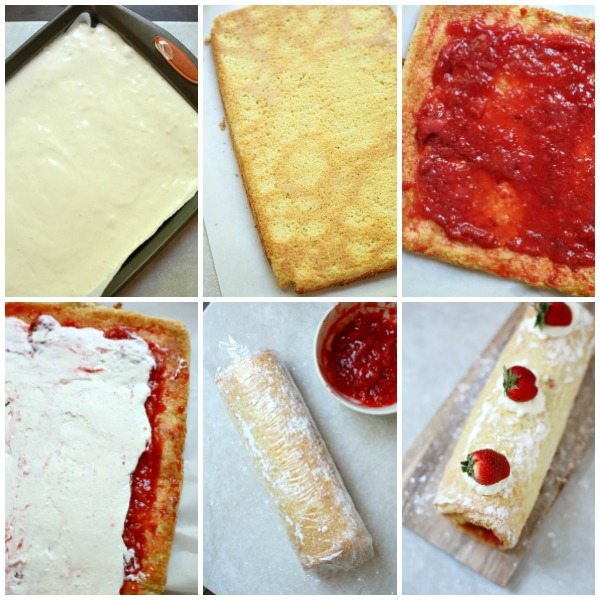 Picture collage of step-by-step picture of how to make this strawberry shortcake roll.