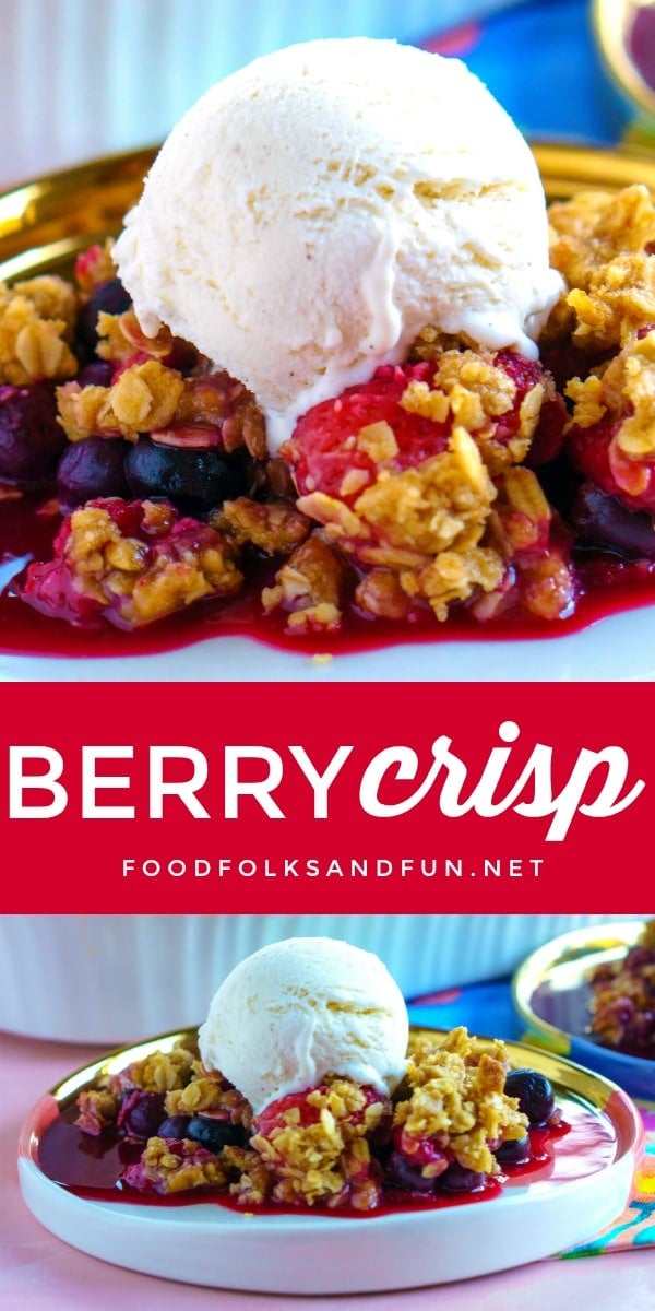 Juicy berries with a crispy golden oat topping make this Berry Crisp recipe simply irresistible. Use fresh or frozen berries to make this easy recipe.  via @foodfolksandfun