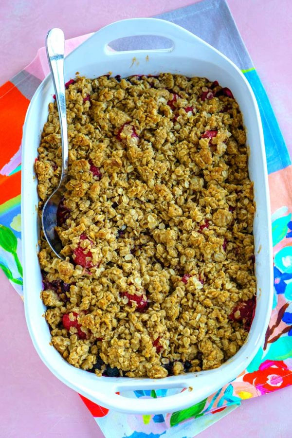 The finished berry crisp in a 9x13 inch pan.