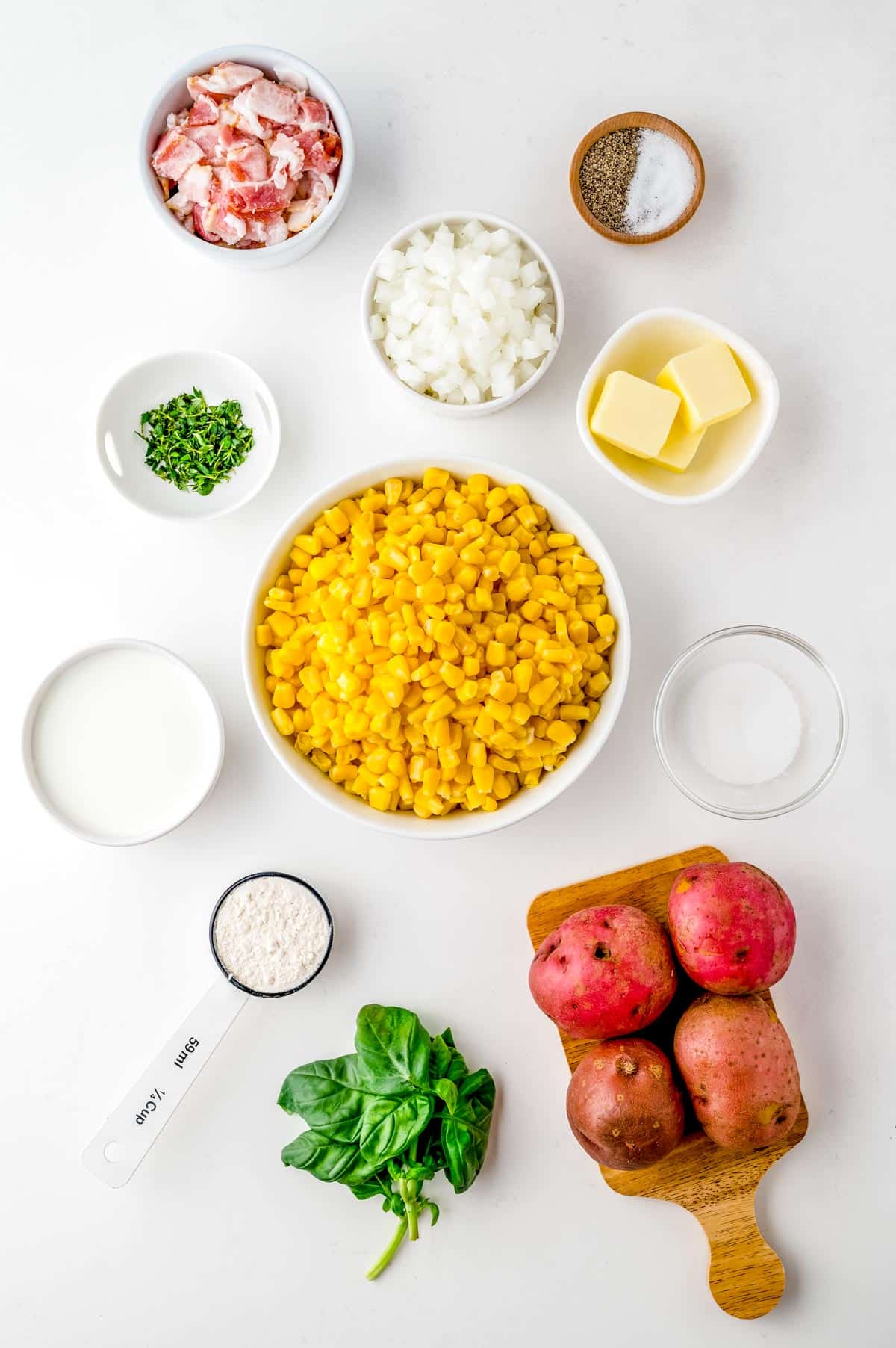 An overhead picture of all of the ingredients needed to make this Corn and Potato Chowder recipe.