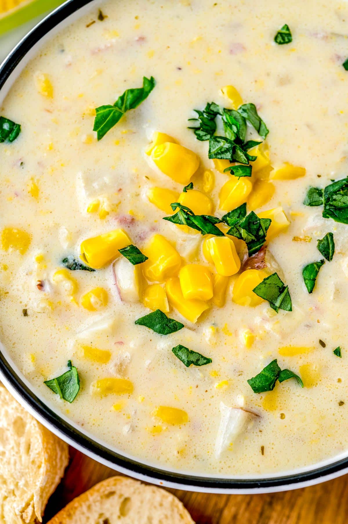 A close up picture of the finished Potato Corn Chowder.