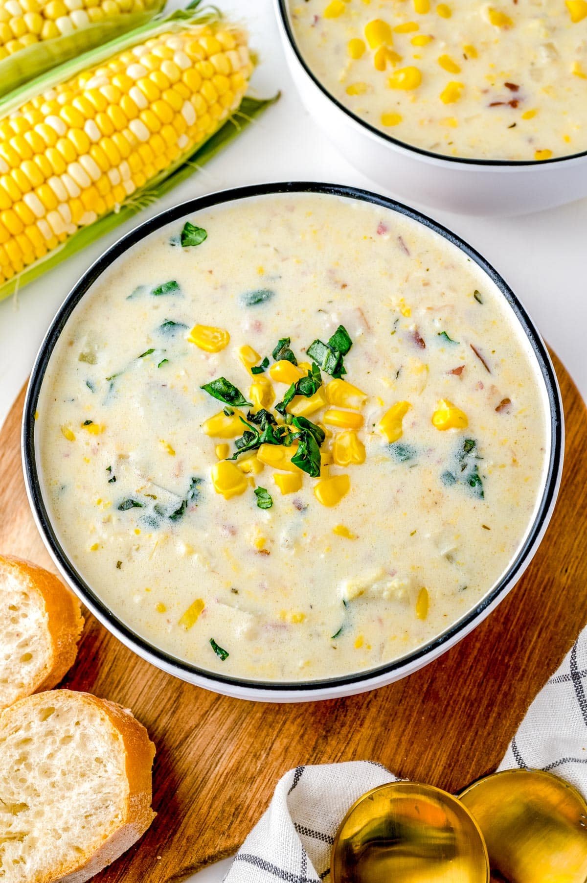 The finished Potato Corn Chowder in a soup bowl. 