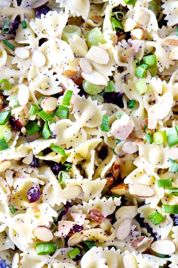 Close up picture of poppy seed pasta salad. 