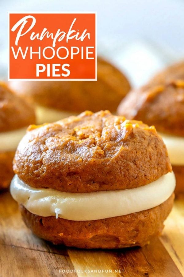 Close up picture of a pumpkin whoopie pie with maple cream cheese frosting.