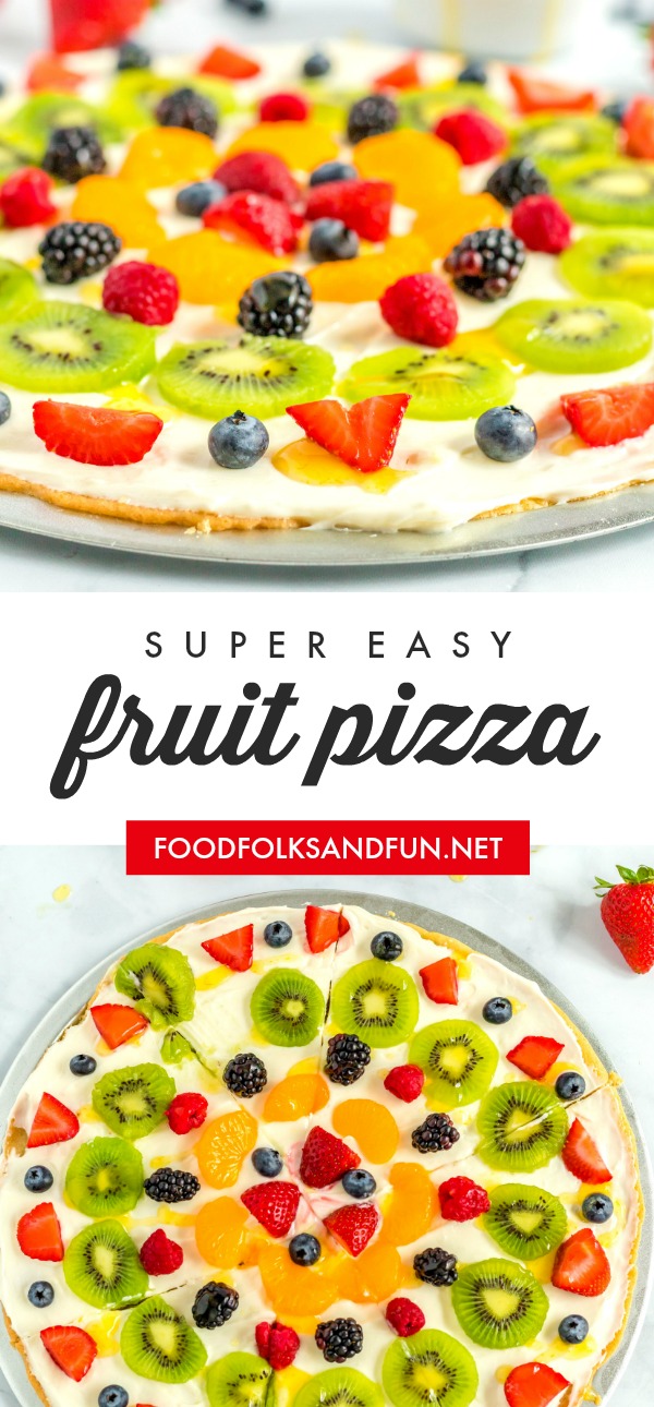 Fruit Pizza is a summertime classic that everyone loves. It has a sugar cookie crust, cream cheese and marshmallow frosting, loads of fruit, and a citrus glaze.  via @foodfolksandfun