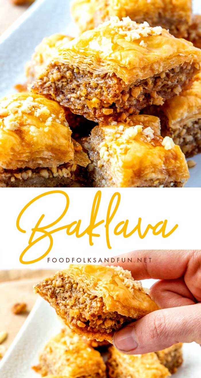 This Homemade Baklava recipe takes time, but it is SO worth it! It is perfect for family functions, parties, holidays, or for gifting! #Dessert #Easter #Christmas #Pastry #ClassicRecipe #Greek #Turkish #LaborOfLove #ComfortFood #nuts #foodfolksandfun via @foodfolksandfun