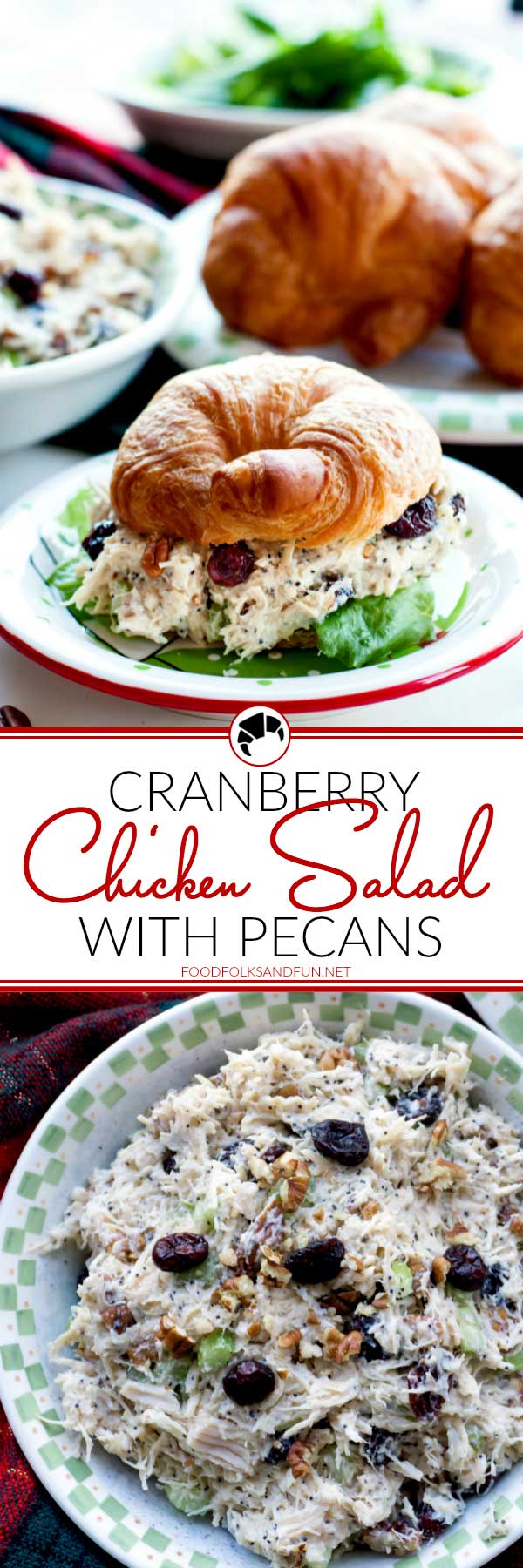 This Cranberry Chicken Salad with Pecans recipe is so creamy and filled with cranberries, celery, toasted pecans, orange zest, and poppy seeds. Serve it on croissants, rolls, as a wrap, or on a bed of lettuce. via @foodfolksandfun