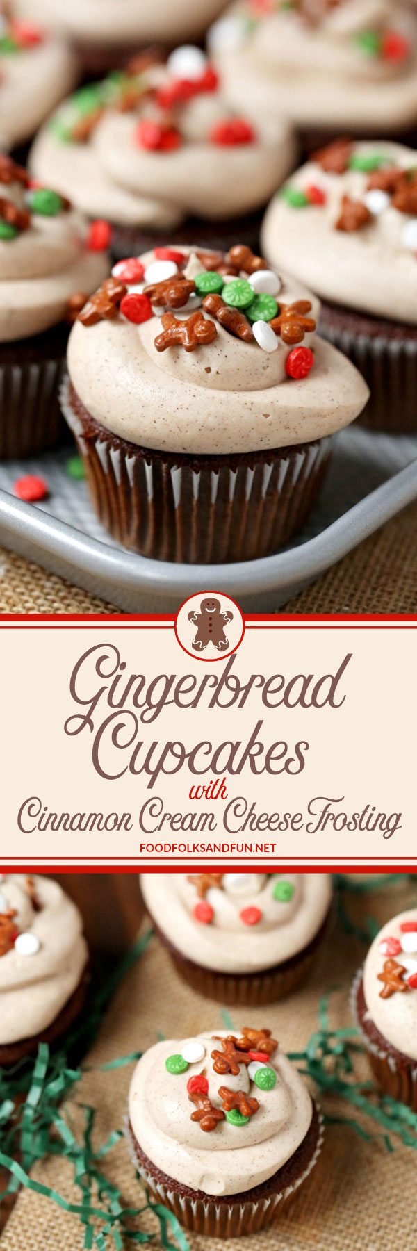 Spicy, delicious Gingerbread Cupcakes with Cinnamon Cream Cheese Frosting.