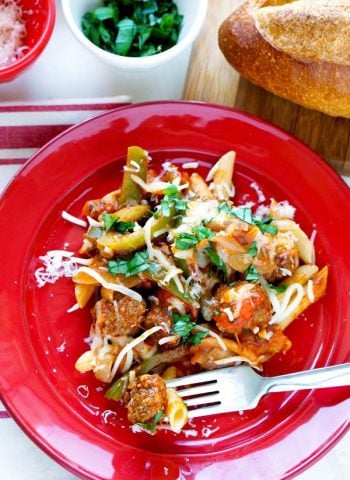 Sausage and Peppers pasta on a plate