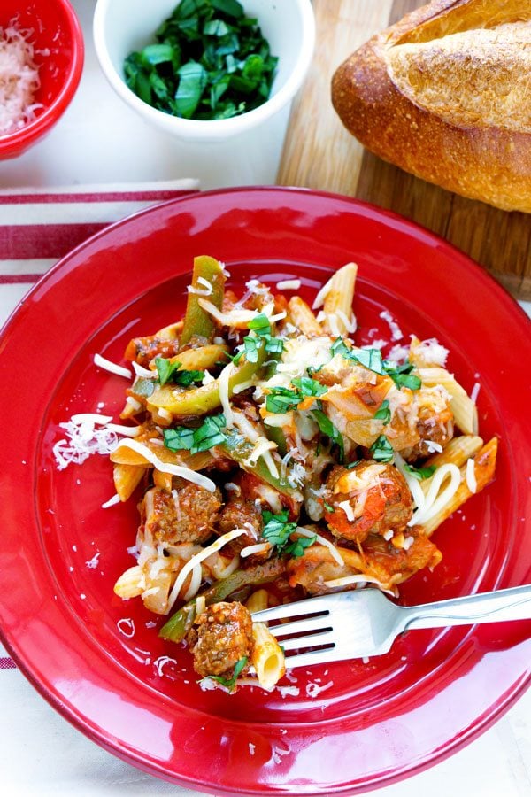 Sausage and Peppers pasta on a plate