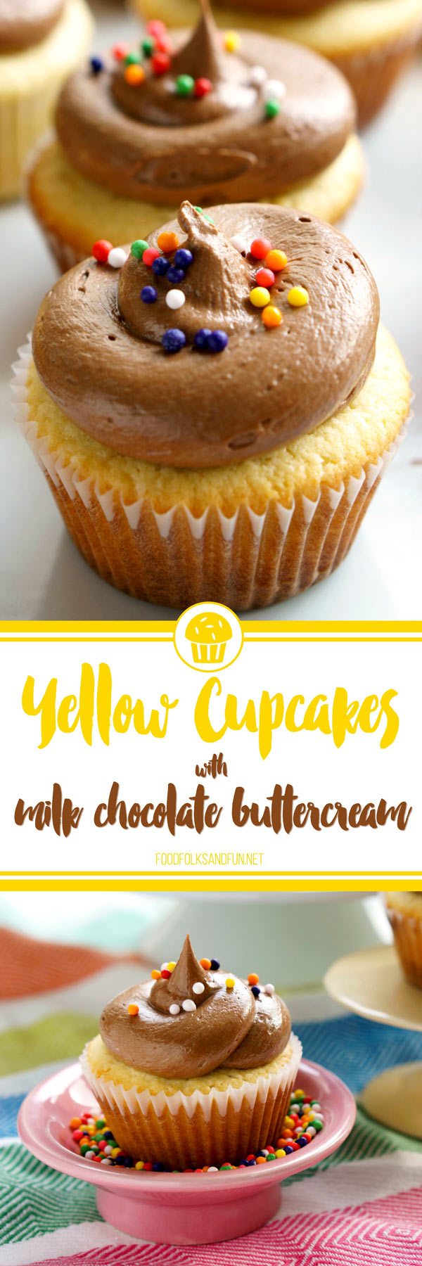 These Yellow Cupcakes with Milk Chocolate Buttercream are just the dessert for any type of celebration: birthdays, the first day of school, awards, promotions, or simply just because! The yellow cake is rich and tender, and the buttercream tastes just like fudge! via @foodfolksandfun