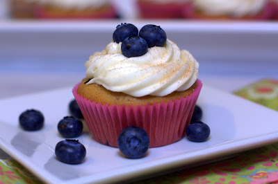 A blueberry pancake cupcake on a plate with extra blueberries