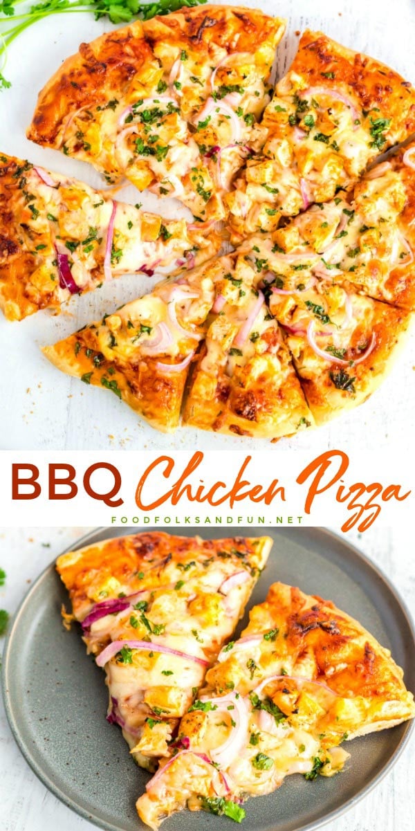 This homemade BBQ Chicken Pizza recipe is a tasty California Pizza Kitchen copycat recipe that is easy to make and tastes just like the original!  via @foodfolksandfun