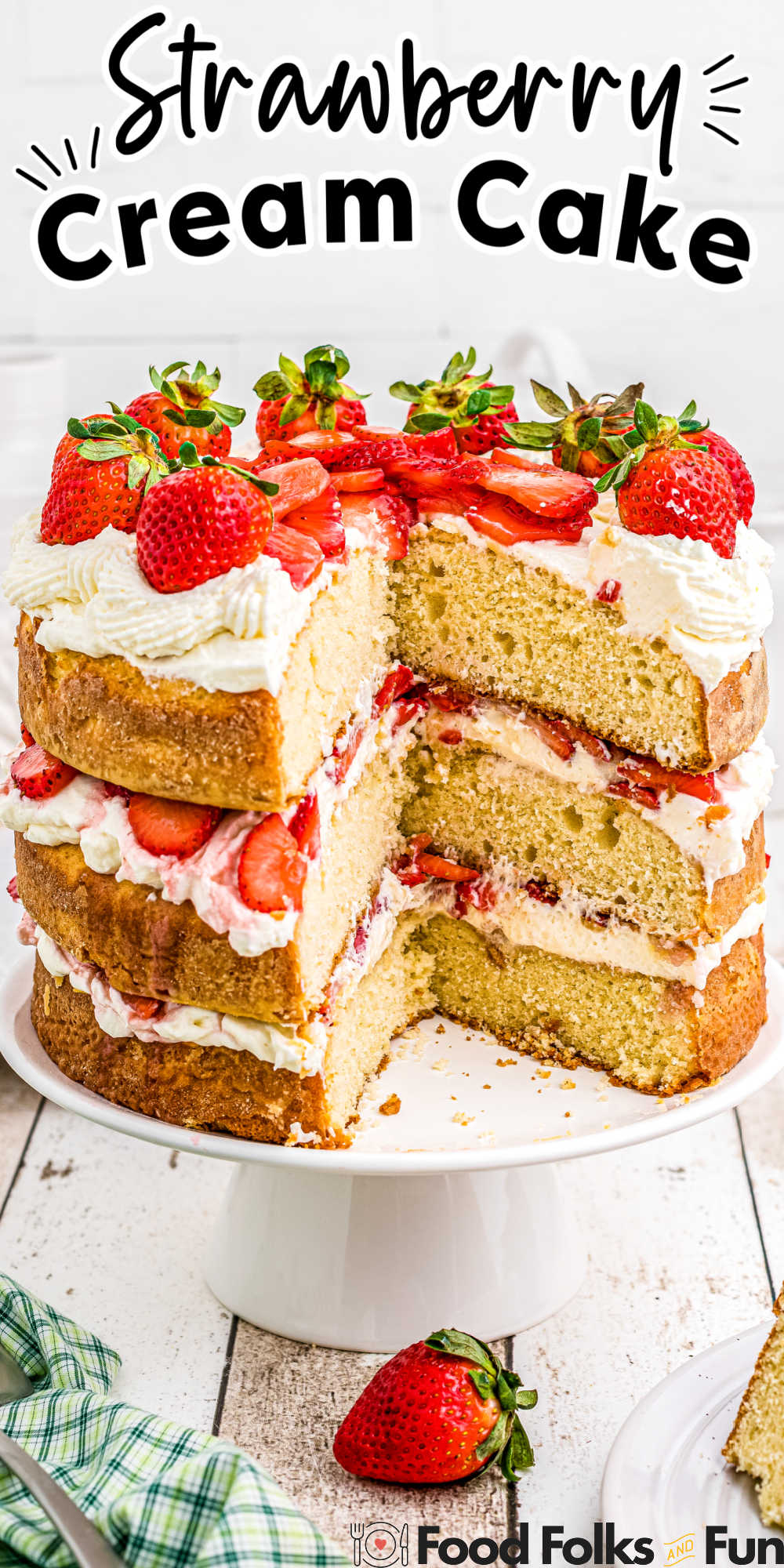 This Strawberry Cream Cake recipe is an impressive layer cake for summer parties, BBQs, potlucks, or other get-togethers. This dessert is a show-stopper! via @foodfolksandfun