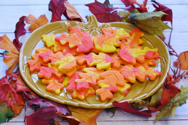 Fall leaf cookies on a pumpkin plate.