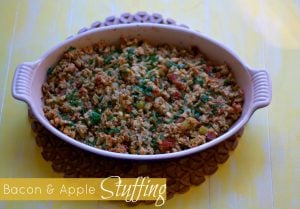 A bowl of bacon and apple stuffing