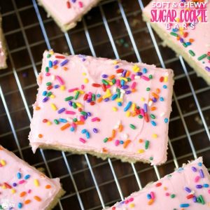 Cut sugar cookie bars with text overlay for Pinterest