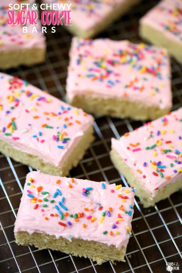 slices of Soft and Chewy sugar cookie bars on a wire cooling rack 
