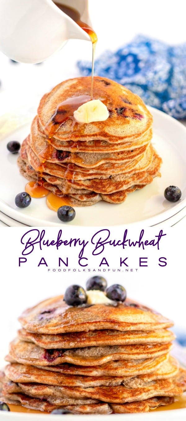 These Blueberry Buttermilk Buckwheat Pancakes are a delicious, healthier alternative to traditional buttermilk pancakes. They're light and have a slightly nutty flavor. via @foodfolksandfun