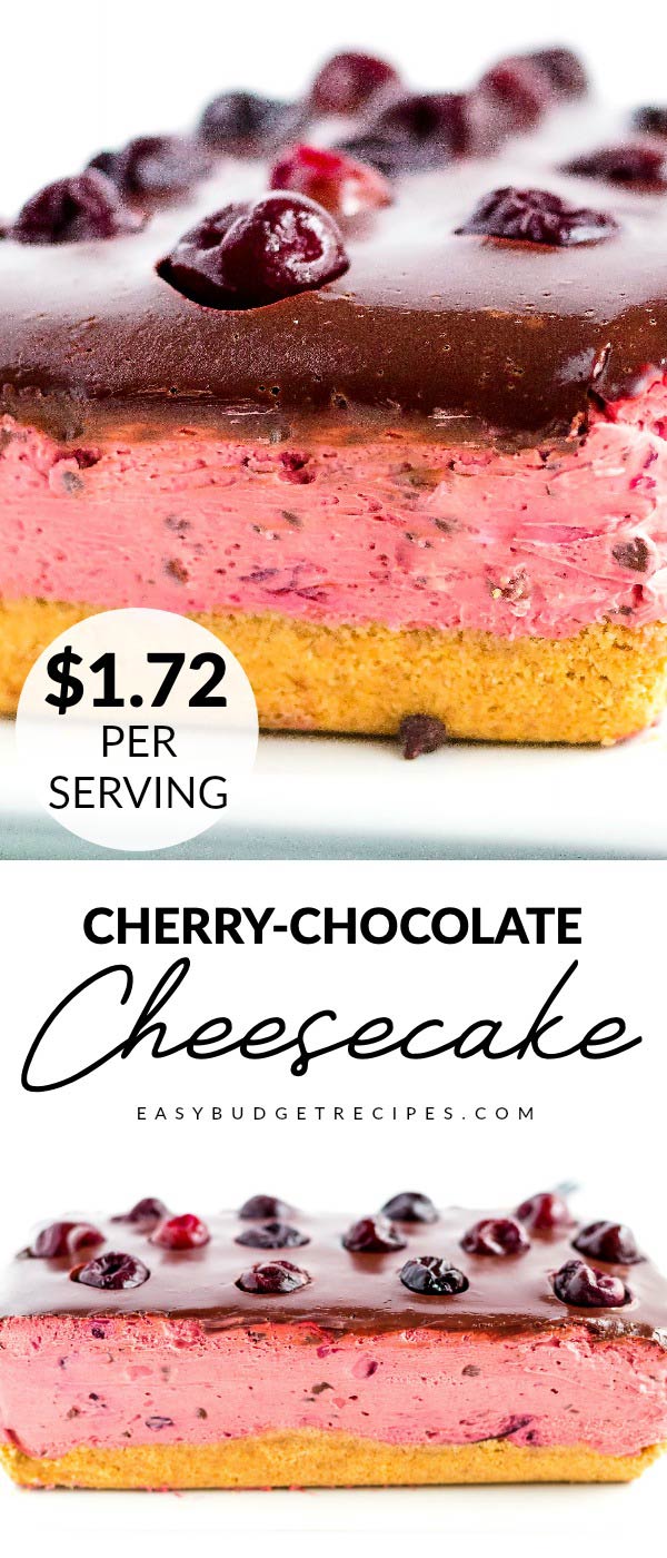 This No-Bake Cherry Chocolate Cheesecake is an easy dessert that is made with fresh cherries. It serves 8 and costs $13.72 to make. That's just $1.72 to make!  via @foodfolksandfun