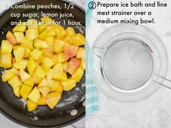 Peaches in a pan and a fine mesh strainer set over an ice bath.