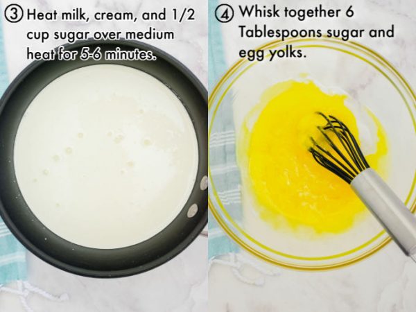 The cream mixture heating up in a pan and the whisked egg yolks in a glass bowl.