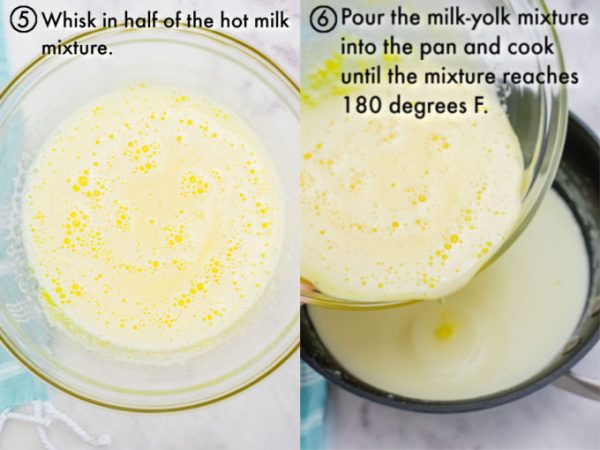 The warm cream mixture being poured into the yolk mixture.