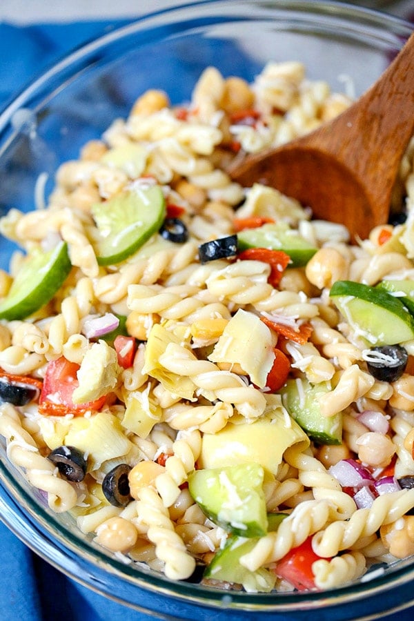 Italian Pasta Salad loaded with veggies, cheese, and a tangy Italian dressing.